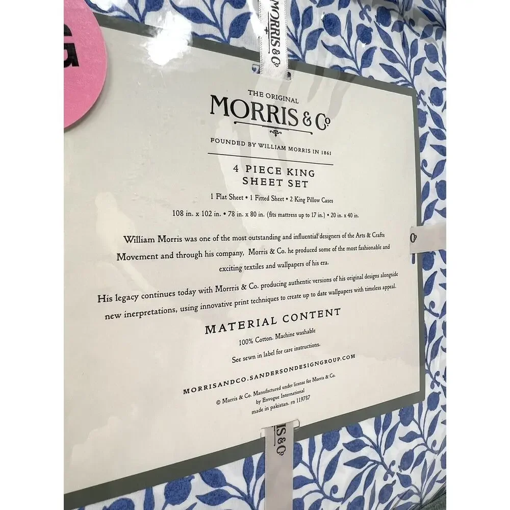 William Morris & Co. KING Sheet Set Blue White Blueberries 100% Cotton 4 pcs